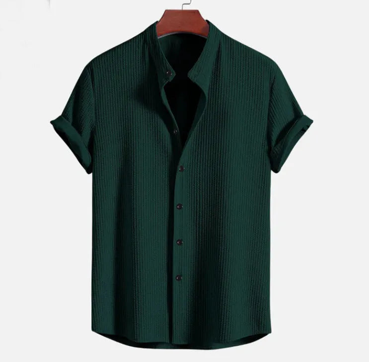 Men's loose fit short sleeve polyester shirt in multiple colour options showing Asian sizing
