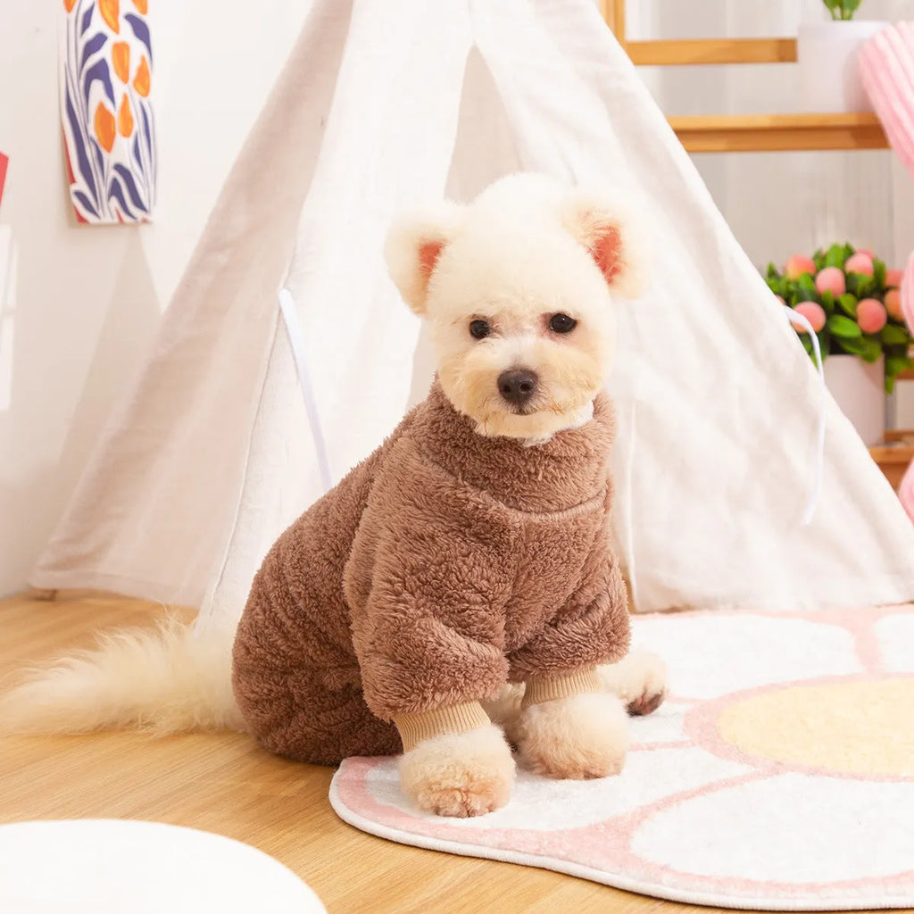 Four-legged dog clothing in thick plush fleece with high collar and towing ring in blue colour
