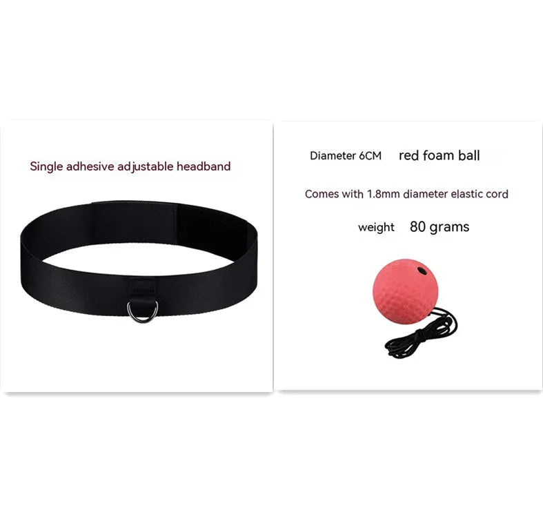 Head-mounted boxing reaction training ball set showing multiple coloured balls and adjustable headbands.