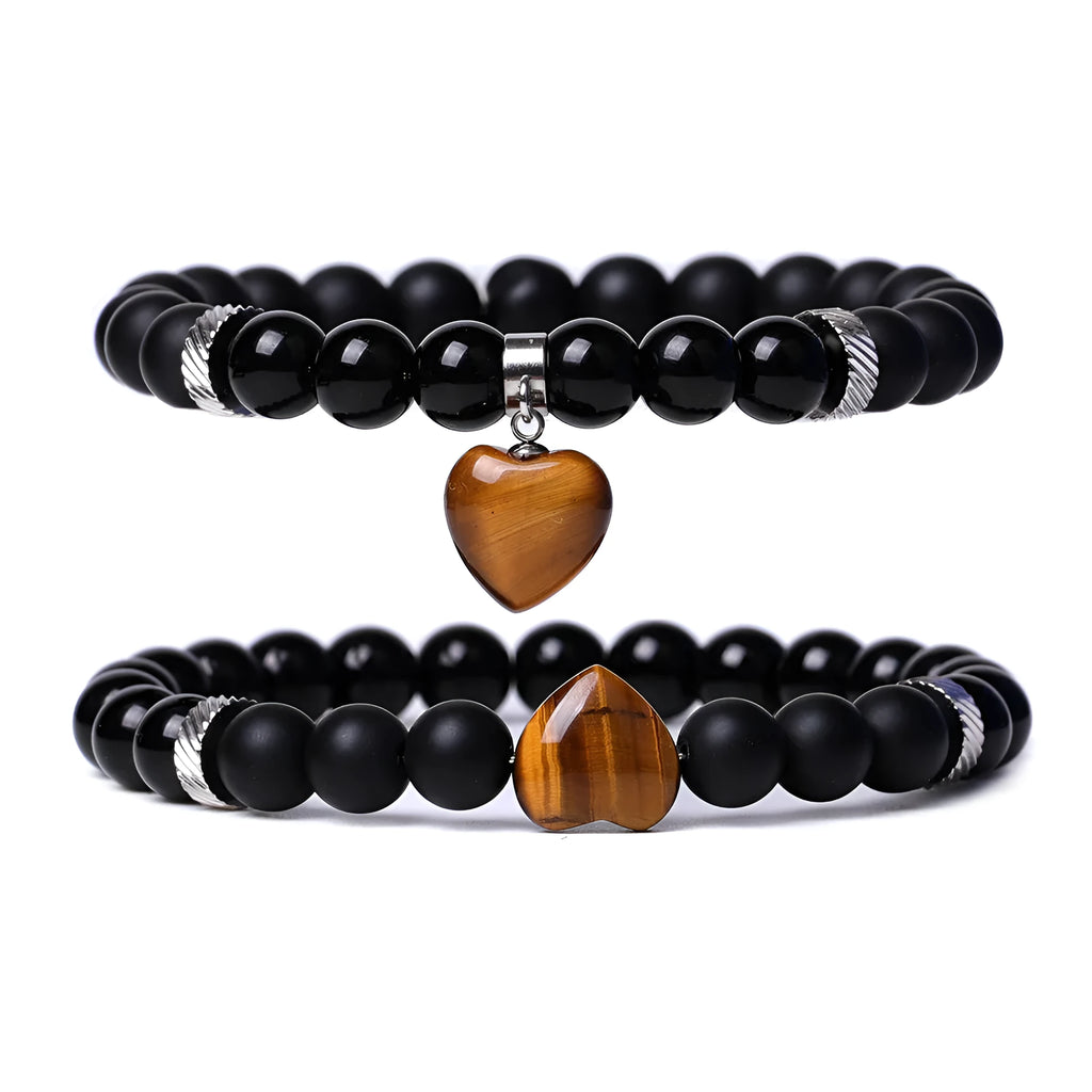 Natural stone couple matching bracelets with polished heart pendants in multiple colour variations
