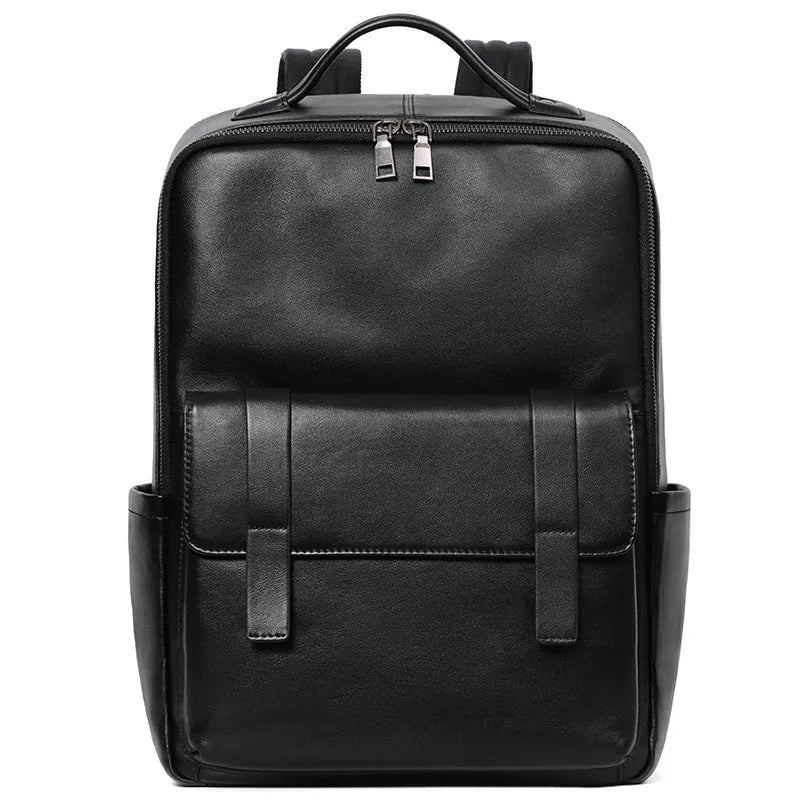 Men's black leather computer backpack with woven design and large capacity
