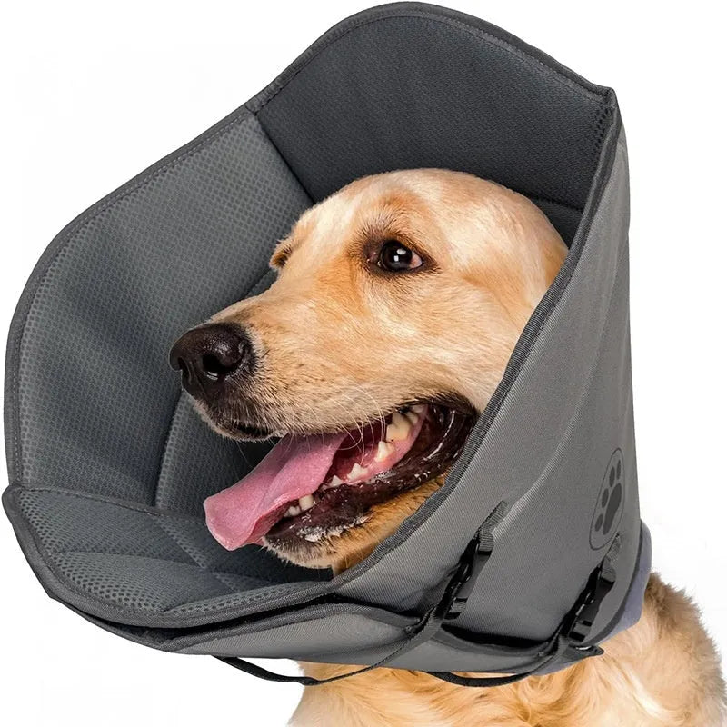 A soft, white, adjustable fabric recovery collar for pets, shown on a flat surface.