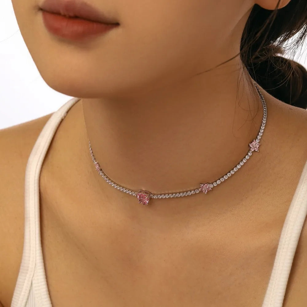 Women's 925 sterling silver tennis necklace with heart-shaped pendant and electroplated finish