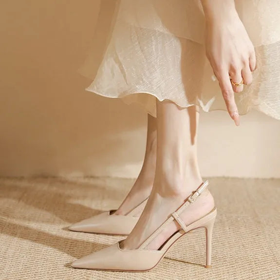 Apricot women's high-heeled sandals with single-line buckle toe and thin belt design
