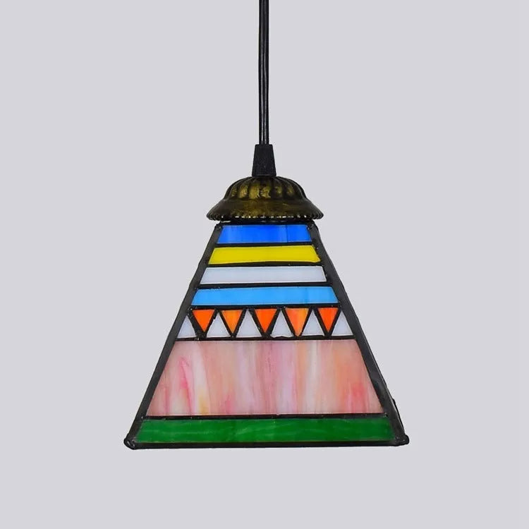 Art stained glass droplight pendant lamp with coloured glass shade measuring 15 cm diameter