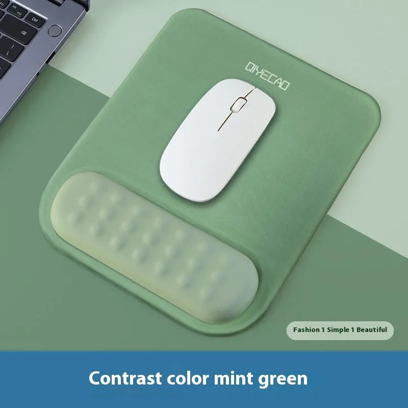 Ergonomic mouse pad with wrist rest in cloth silicone construction showing colour pattern options