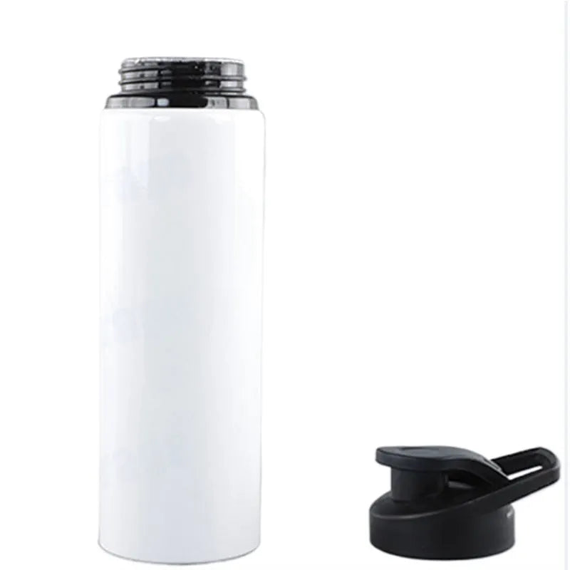 White aluminium sports water bottle for cycling, shown in 600ml and 750ml sizes.