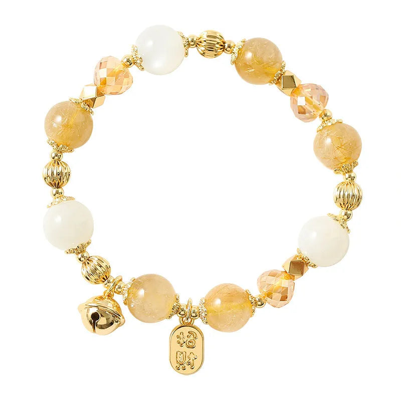 Gold electroplated bracelet with genuine rutilated quartz crystal in Korean style design