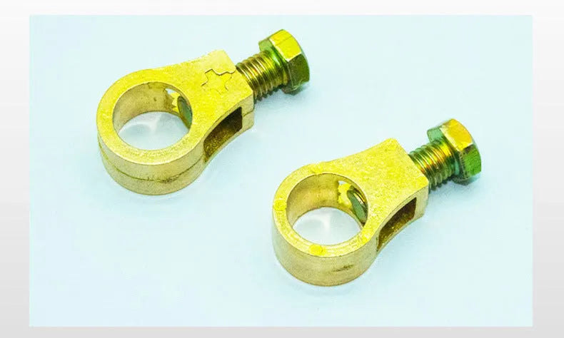 Solid copper battery terminal clamp with patented fastening clip for car battery connections.
