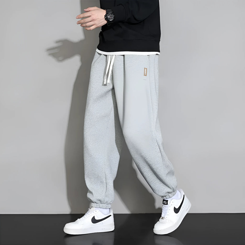 Men's loose fit solid colour cotton blend sports trousers with drawstring elastic waist in Gray, Black, Army Green, sizes M to 8XL