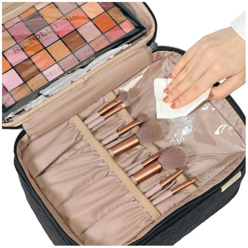Portable double layer cosmetics bag in peach fabric leather, available in black and pink for home storage