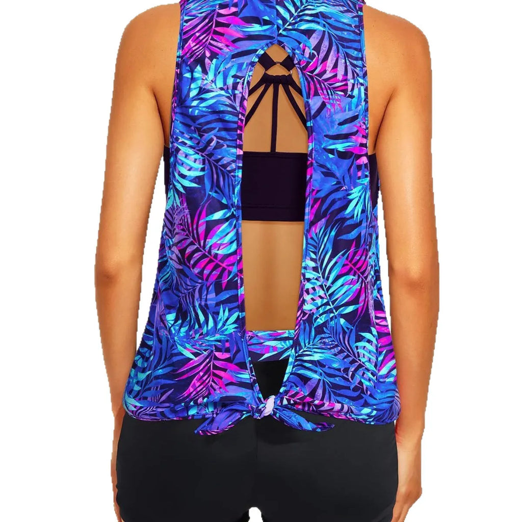 Women's three-piece printed swimsuit set with short sleeve top, vest, and shorts, backless design, covered belly, polyester, sizes XS-XXL.