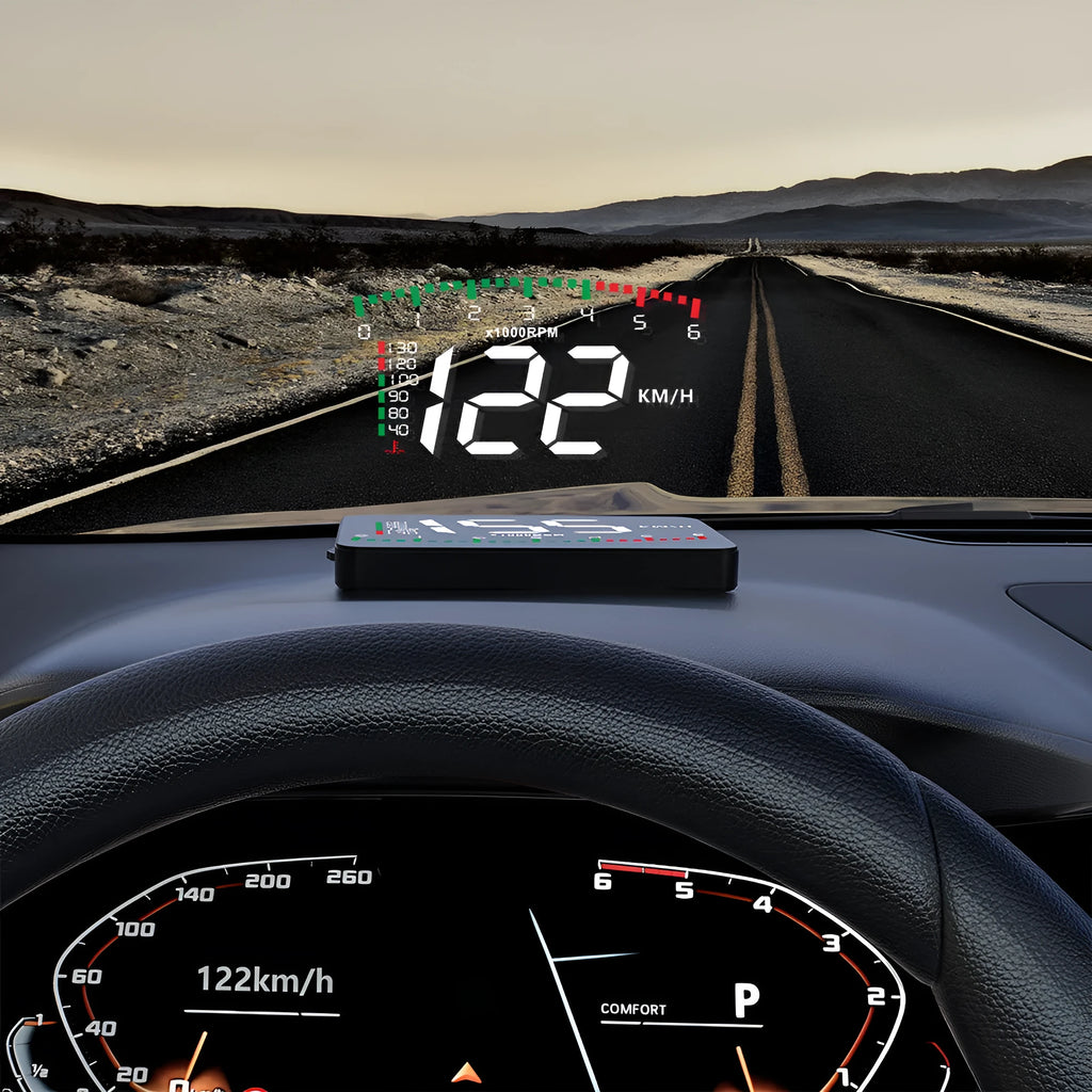 Automotive HD speed projector display with 3.5 inch LED screen, OBD interface, and compact dark housing