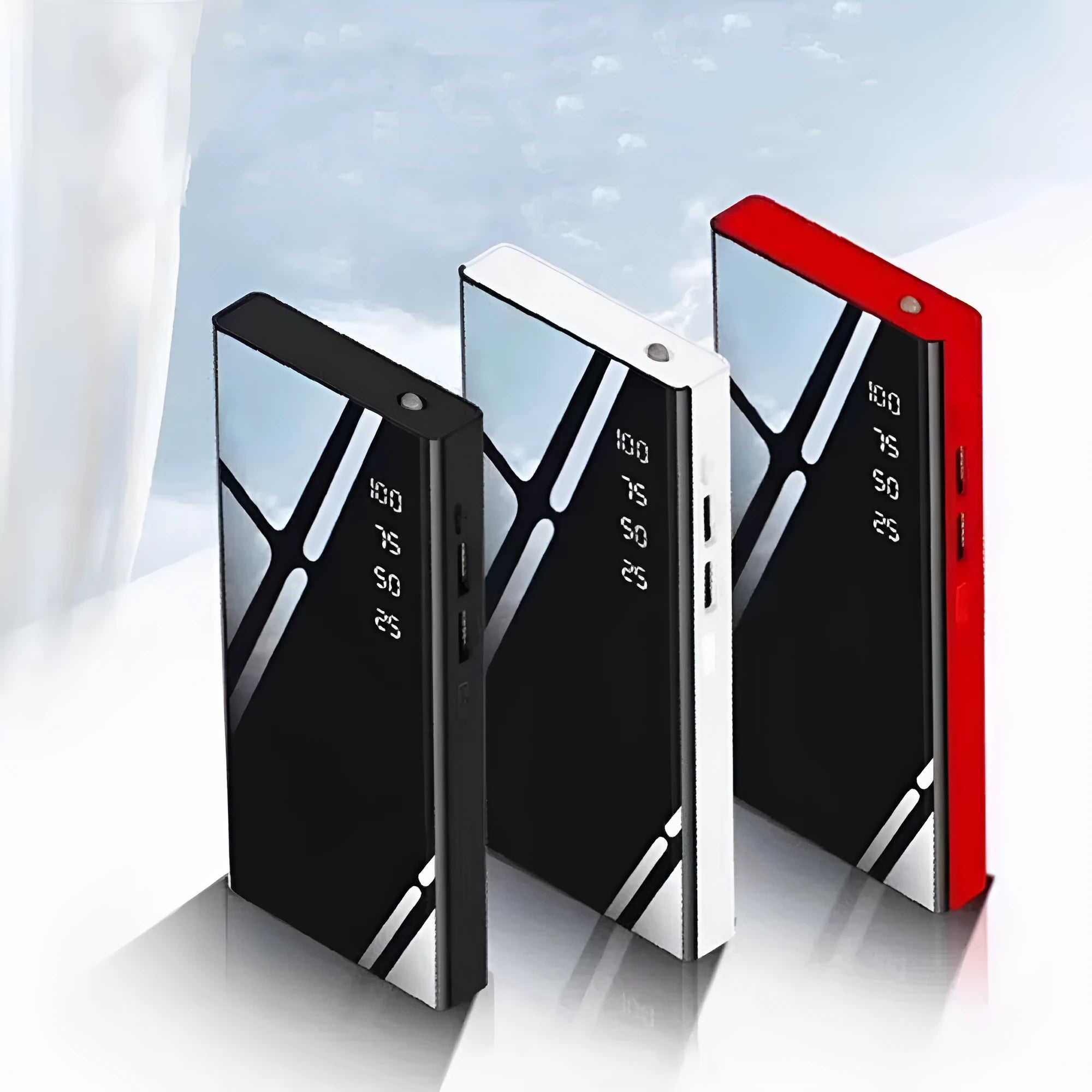Black 20000mAh portable power bank with LCD screen and two USB ports