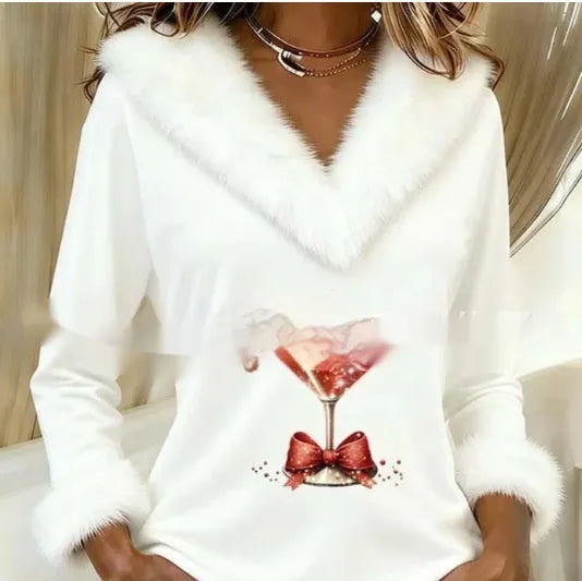 Women's Christmas print top with fur collar, spliced V-neck, long sleeves, slim fit, eight colours, sizes S-3XL