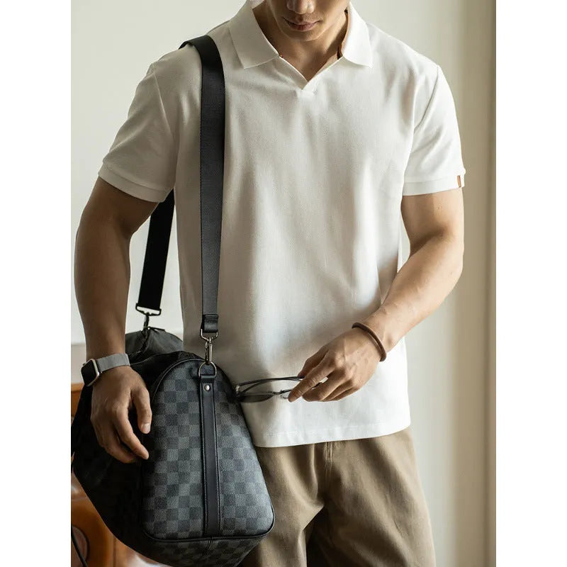 Cotton polyester American-style polo shirt in blue colour with short sleeves and regular fit