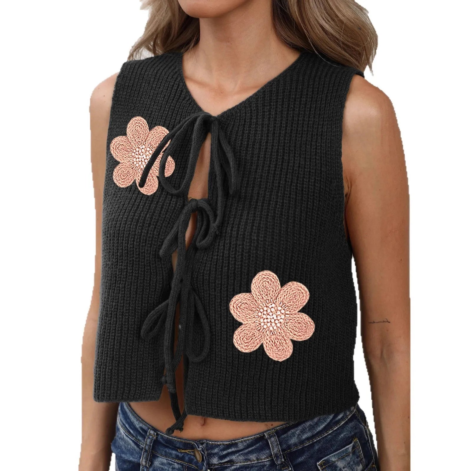 Ladies' lace-up bow vest cardigan in deer plush polyester with apricot flower pattern