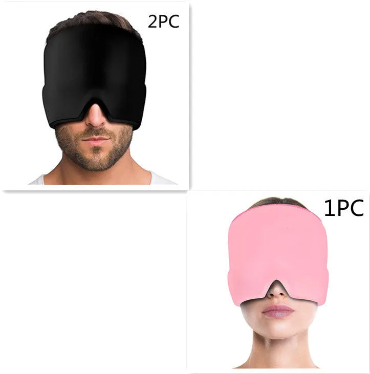Black elastic cloth gel ice headache relief eye mask showing adjustable headband and cooling gel construction