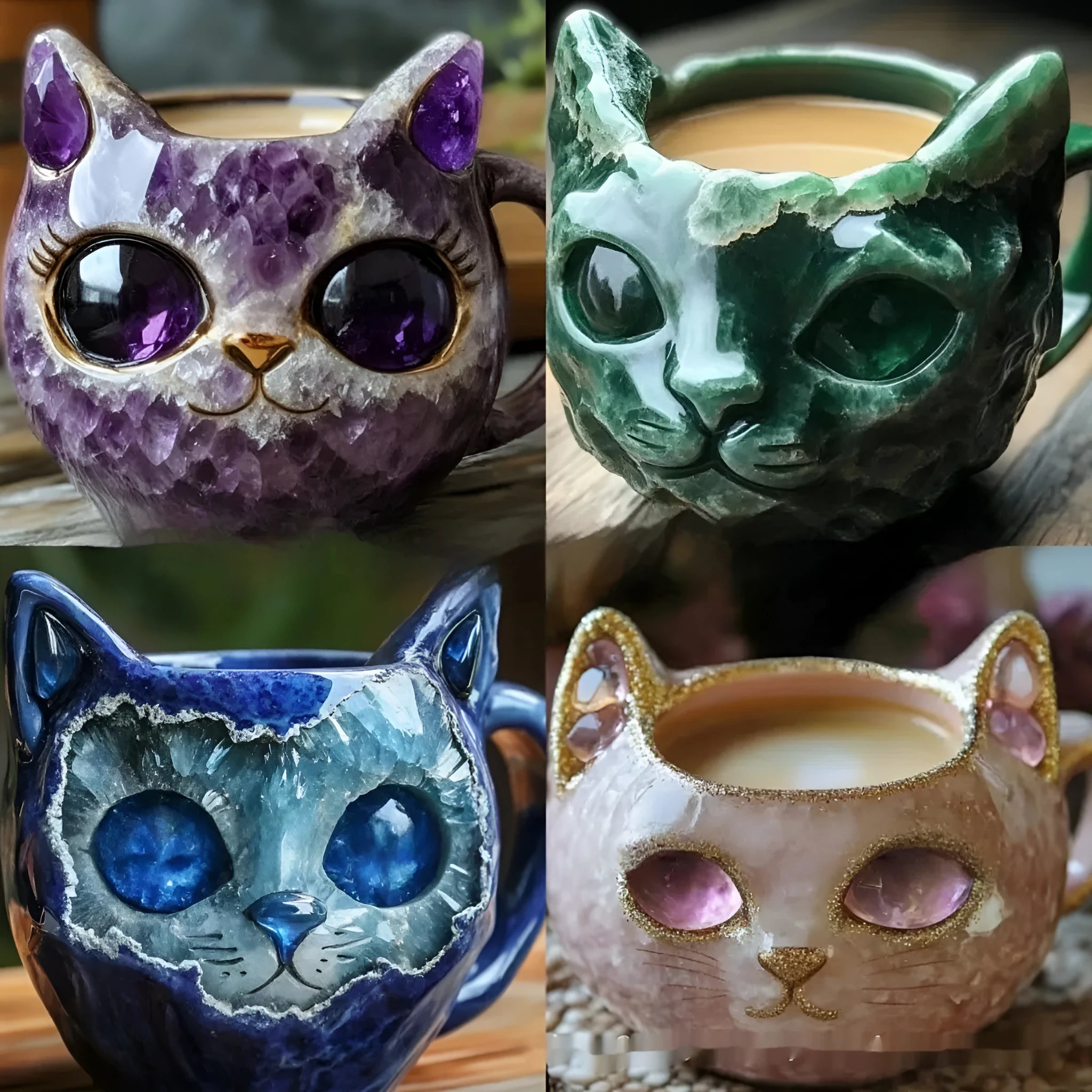 Purple geode mug with crystal cat design and colourful resin interior on a wooden surface.
