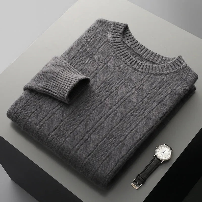 Men's double-strand thickened jacquard knitted sweater in raw velvet camel, loose fit pullover with long sleeves and textured knit pattern.