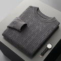 Men's double-strand thickened jacquard knitted sweater in raw velvet camel, loose fit pullover with long sleeves and textured knit pattern.