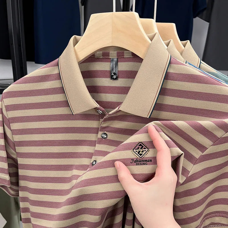 Man wearing a red mosaic stripe short-sleeve casual shirt made from polyester.