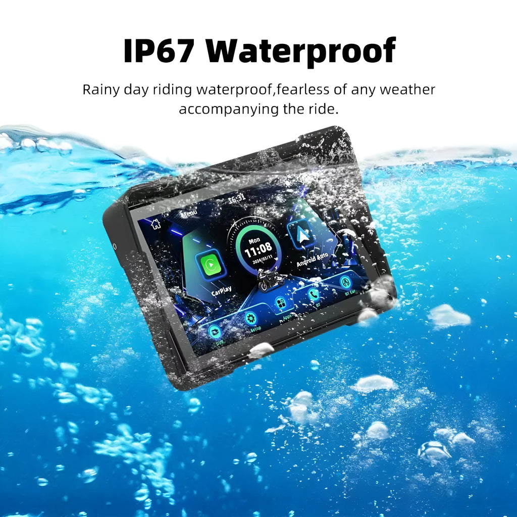 Portable motorcycle driving recorder with 5 inch separate navigation screen and dual lens option.