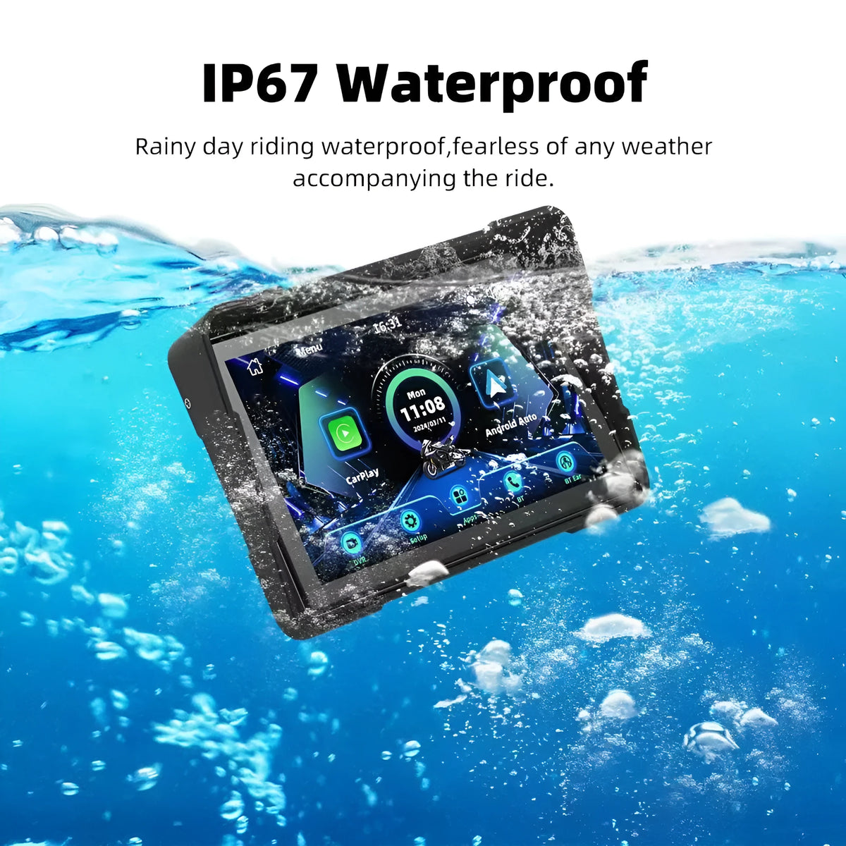 Portable motorcycle driving recorder with 5 inch separate navigation screen and dual lens option.