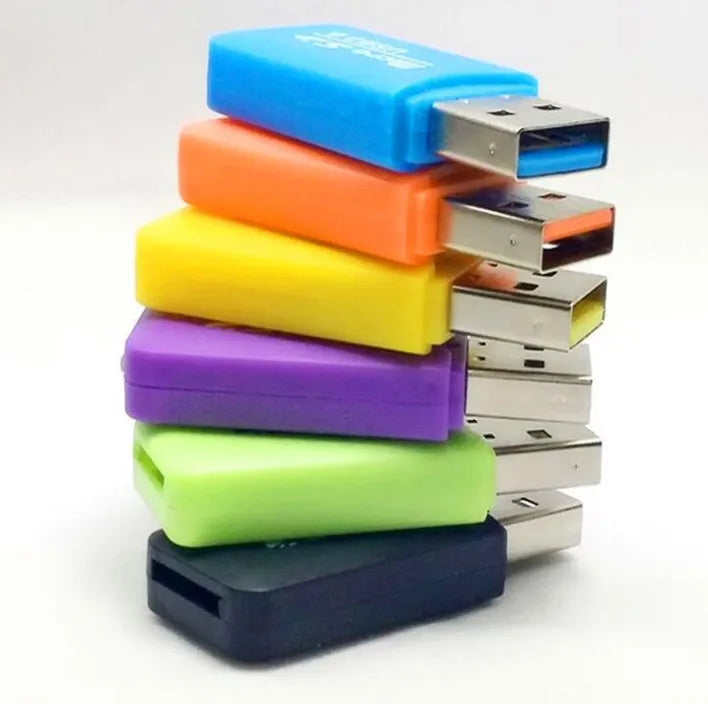 Black mini USB TF memory card reader with a separate SD card adapter on a white background.