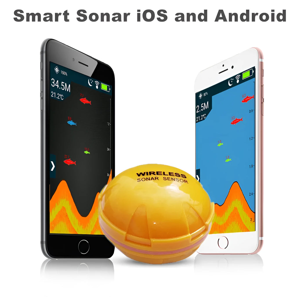 Yellow wireless sonar fish finder with compact 68x68x50cm housing for handheld use