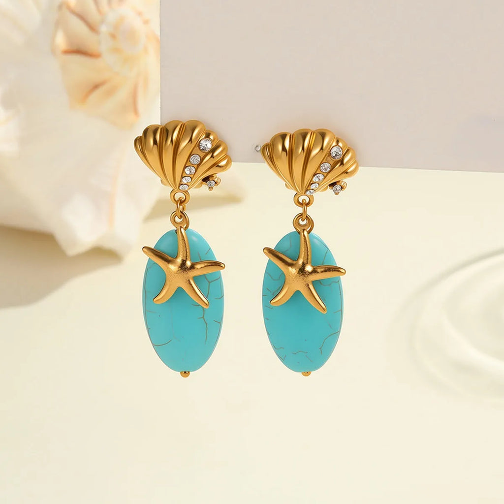 Natural turquoise stone earrings in stainless steel with 18K electroplated gold-tone geometric star shape