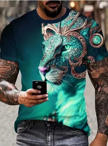 Men's grey t-shirt featuring a large, detailed 3D lion face print on the front.