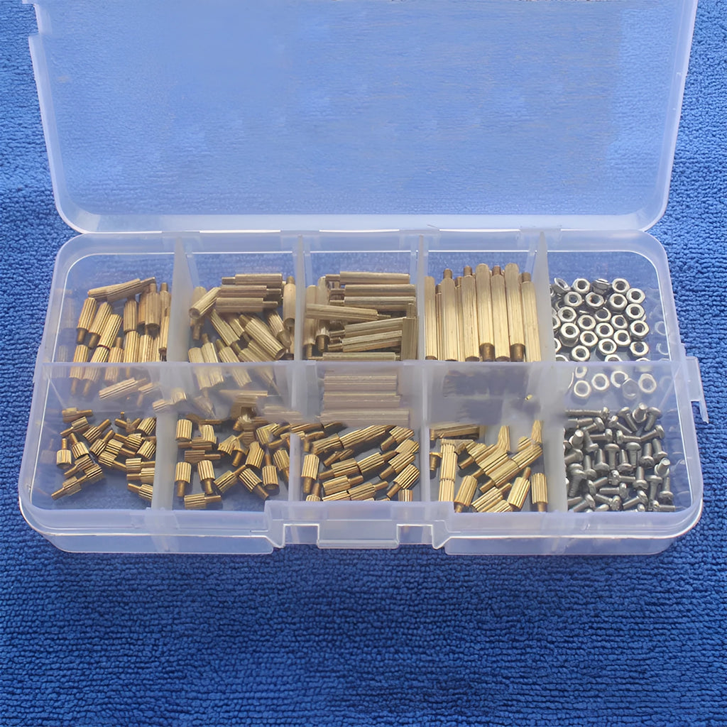 Gold-coloured 260-piece stainless steel screw nut and brass copper column set stored in a clear compartment box