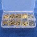 Gold-coloured 260-piece stainless steel screw nut and brass copper column set stored in a clear compartment box