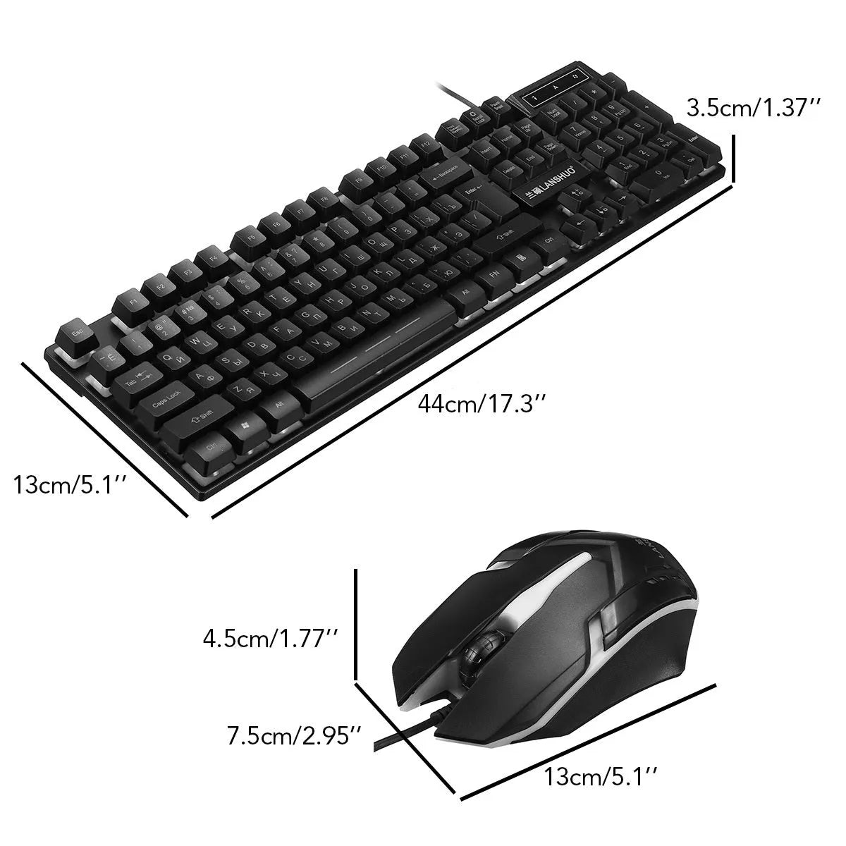 Wired USB backlit keyboard and mouse set in black with 44cm keyboard and 13cm mouse