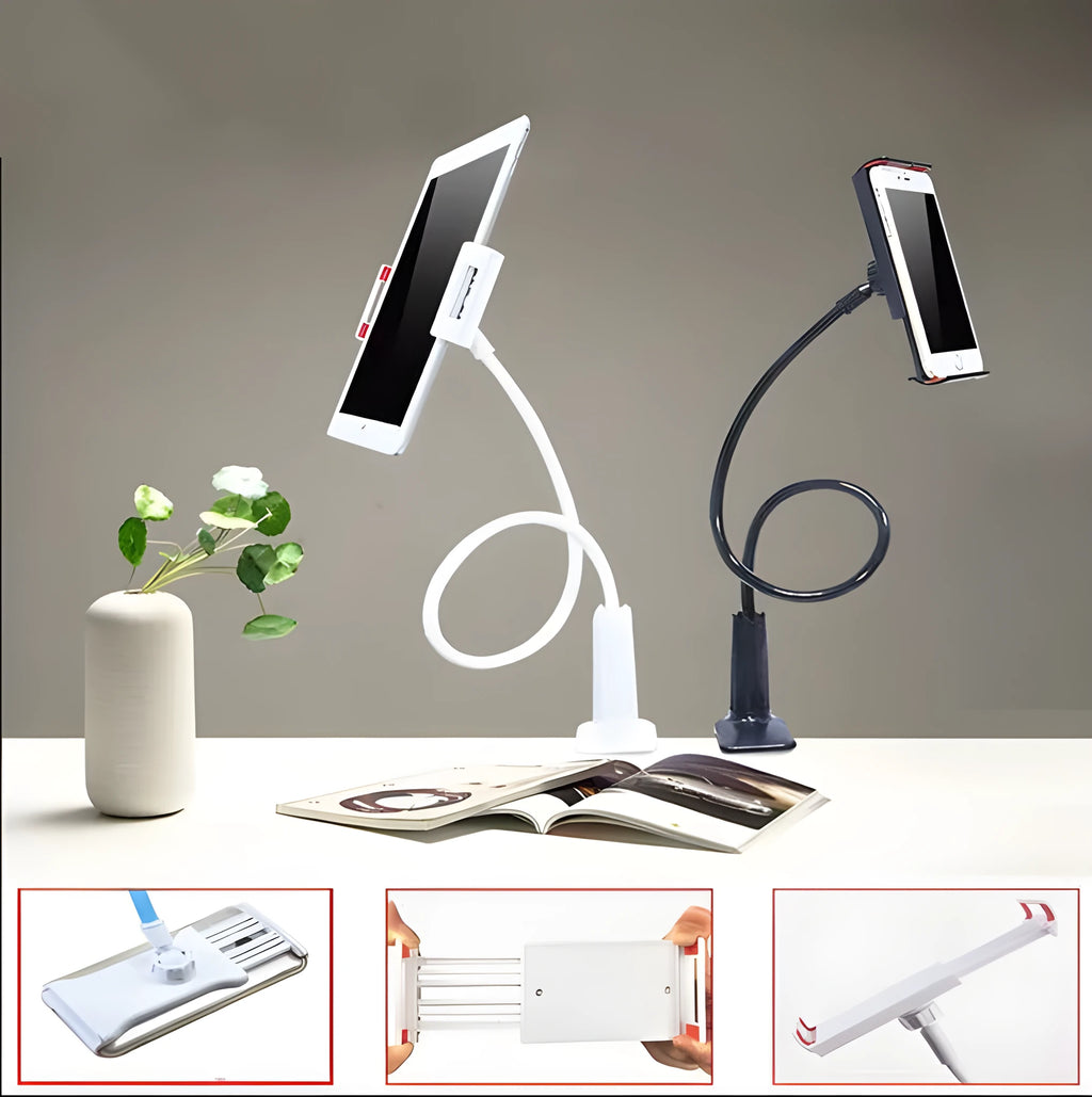 Black aluminium alloy bedside phone handset with a long arm and wide clamp, holding a mobile phone above a bed.