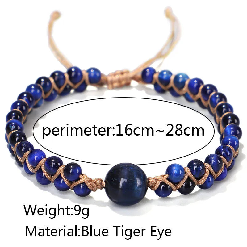 Handmade woven geometric pull bracelet in Tigereye stone showing blue and amethyst colour options