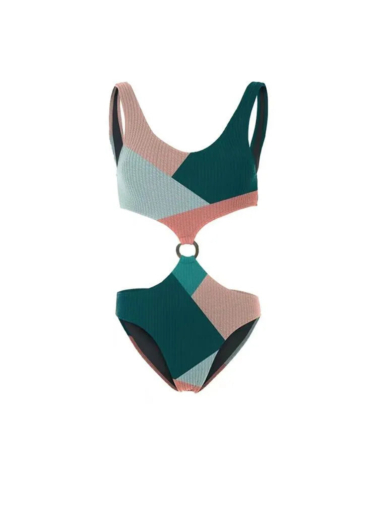 Two-piece contrast colour bikini set with mesh gauze skirt, backless European style design