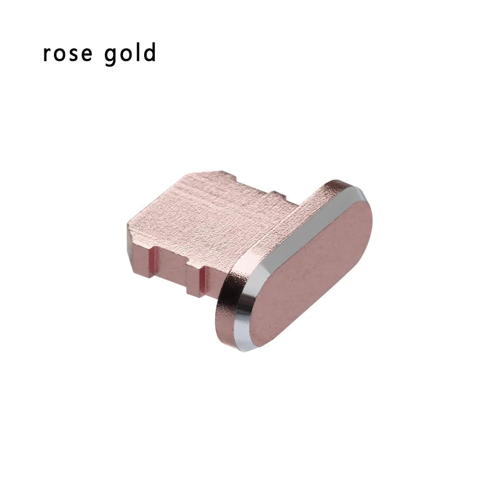 Aluminium alloy iPhone charging port dust plug in multiple colours including gold, silver, blue, red, grey, black, and rose gold.