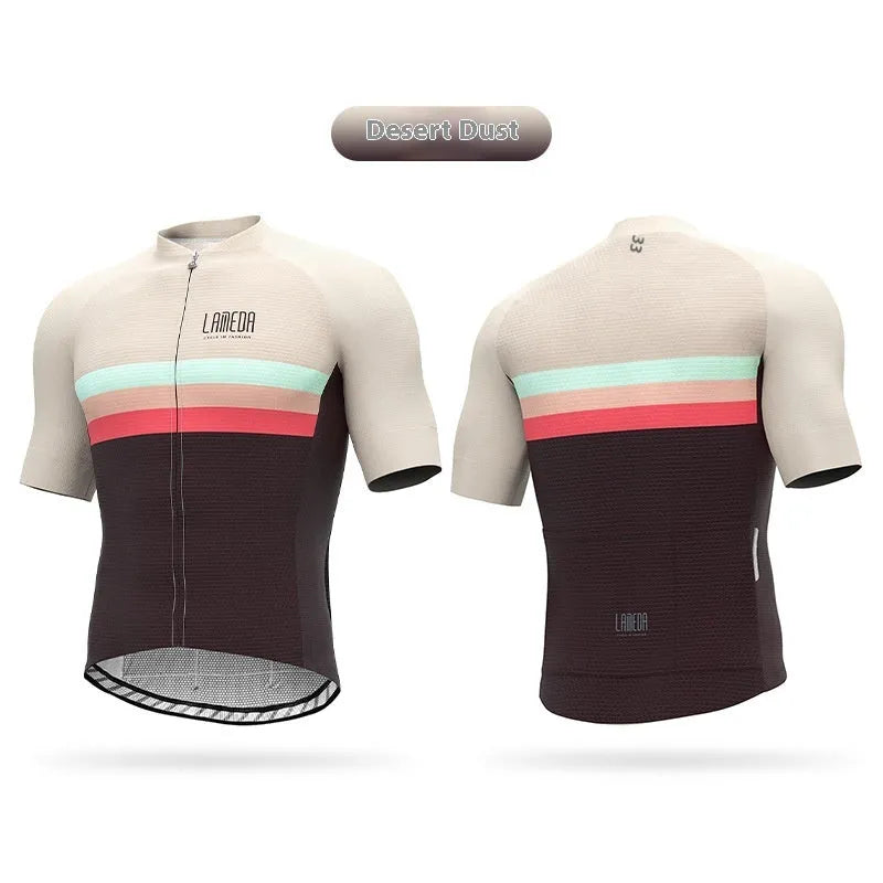 Short-sleeve cycling jersey top in polyester with moisture wicking for mountain and highway bike rides