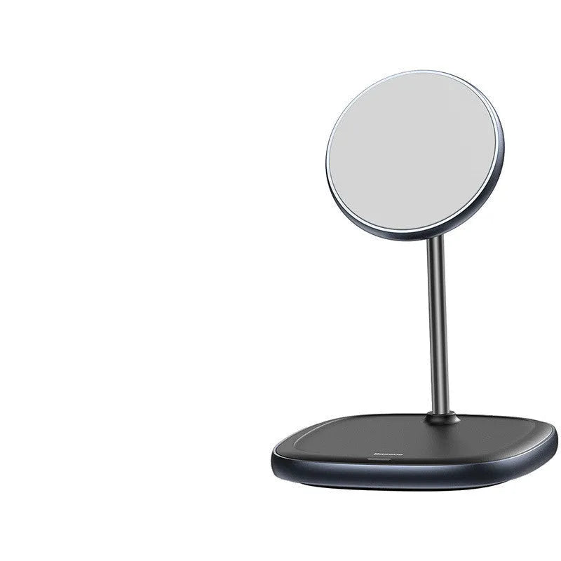 Swan black magnetic desktop stand wireless charger for iPhone 12 series with Type-C cable.