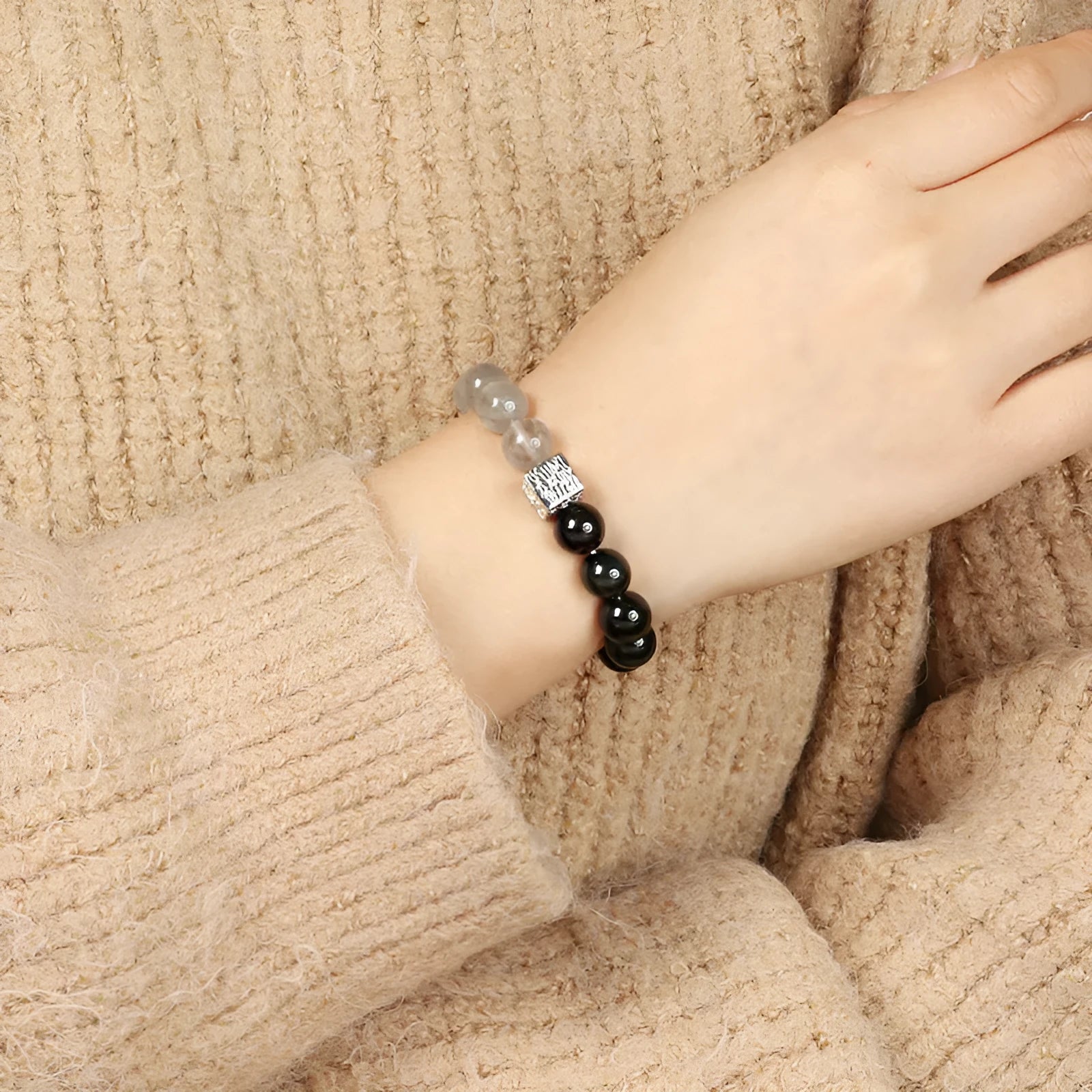 10mm geometric crystal couple bracelet in khaki colour with Chinese style design
