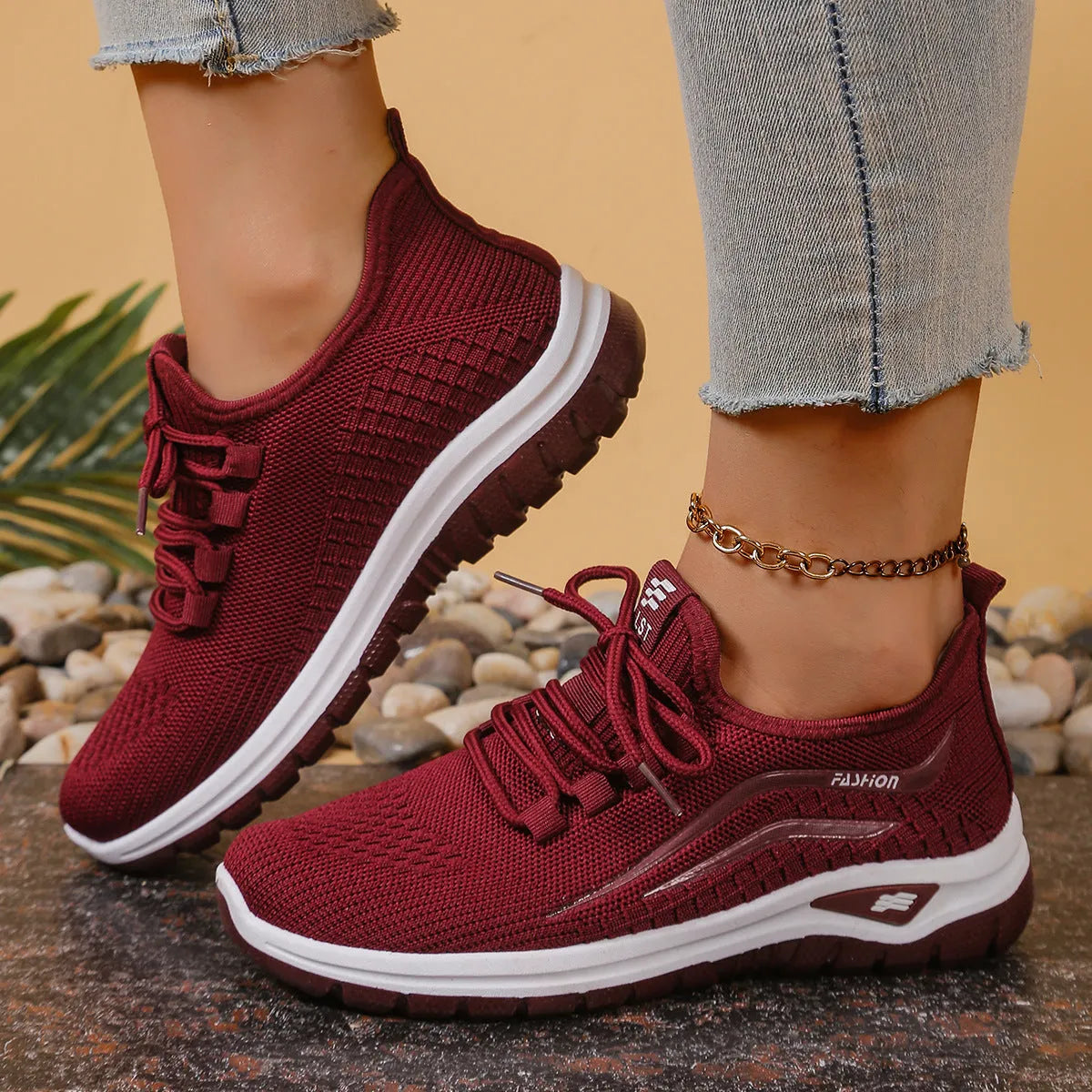 Women's breathable mesh casual sports shoes with non-slip rubber sole, low top, lace-up closure, available in multiple colours and sizes 36-42