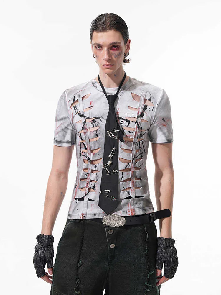 Men's white cotton t-shirt with hollow-out cut design detail on front