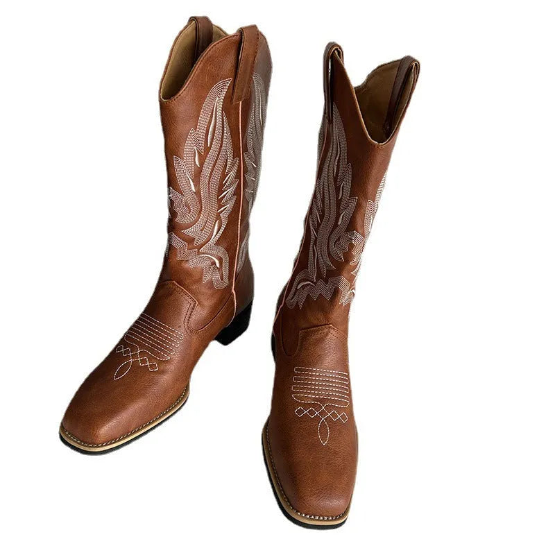 Brown embroidered women's Martin boots with mid-calf length, leather lining and square low heel