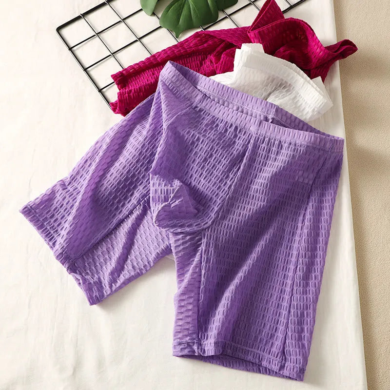 Men's solid colour lace boxer shorts with hip lifting shaping design