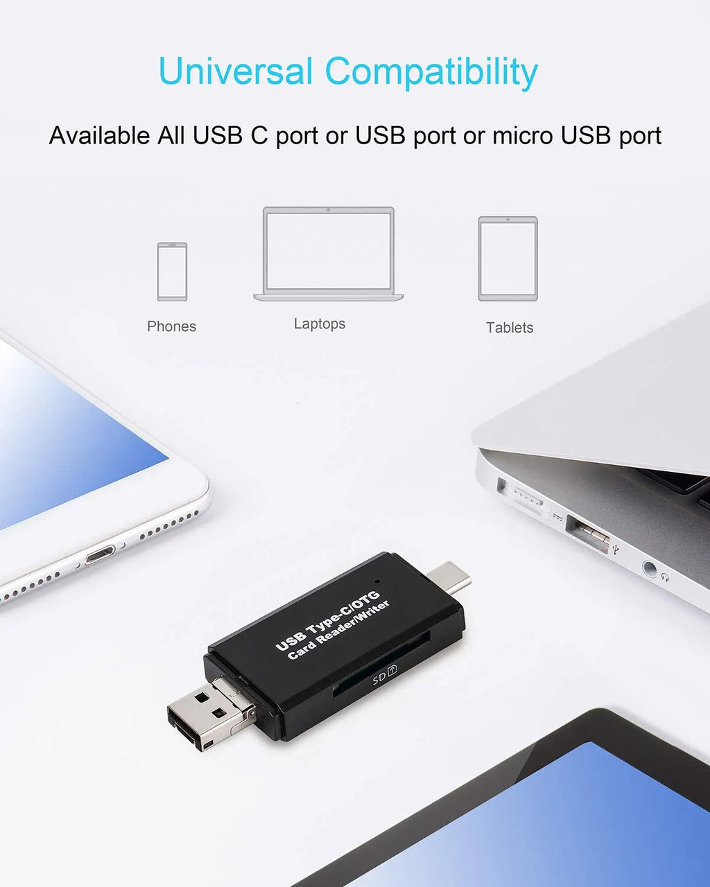Black USB 3.0 card reader with Type-C connector for SD and TF memory cards