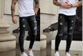 Frayed slim-fit polyester jeans in black, blue or navy blue, available in Asian sizes S to 3XL