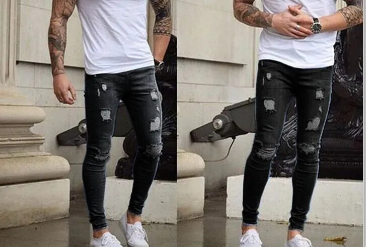 Frayed slim-fit polyester jeans in black, blue or navy blue, available in Asian sizes S to 3XL