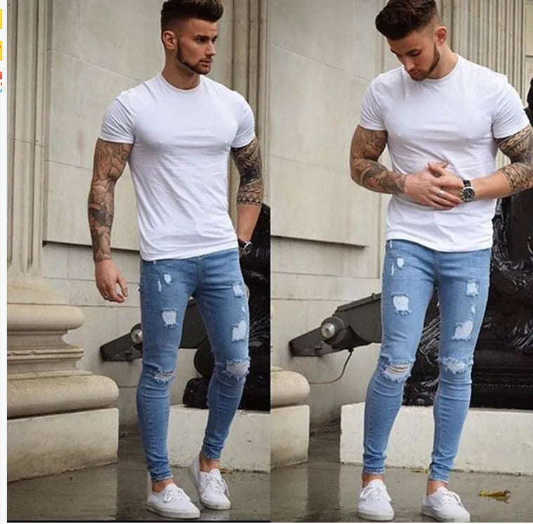 Frayed slim-fit polyester jeans in black, blue or navy blue, available in Asian sizes S to 3XL